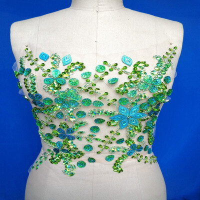 

Handmade green Rhinestones applique sew on crystal patches trim with stones sequins beads 3127cm for dress