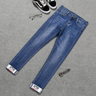 

Plus size women pencil high waist jeans spring spandex cotton Slim fit ninth pants turn edge 3 color