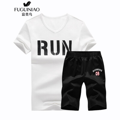 

Fugui bird FUGUINIAO short-sleeved suit mens V-neck thin short-sleeved t-shirt casual sports shorts two-piece white 2XL