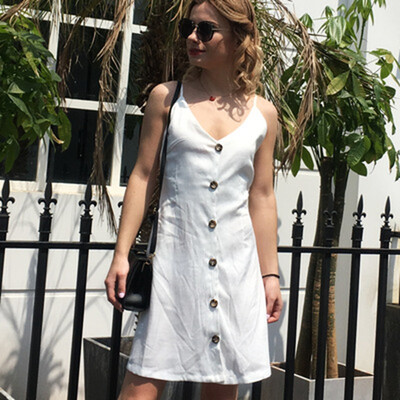 

Try Everything Cotton Summer Dress Women 2018 V Neck Button Casual Dress For Women Backless Summer Dresses Strapless dress