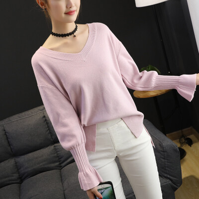 

New products spring sweater pure color sweater loose V collar long sleeved ladies trumpet sleeves V collar sweater bottomin