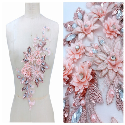 

Three-dimensional pink lace applique with handsewing beads rhinestones trimming patches 3816cm for dress accessory