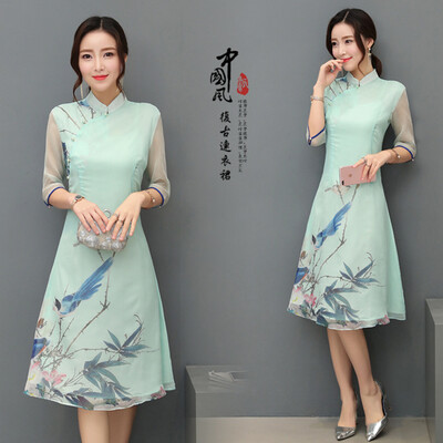 

2018 лето новый воротник с короткими рукавами Cheongsam ретро искусства сшивание печатной одежды