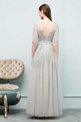 

Beautiful Cheap A-line V-neck Half Sleeves Gray Lace Evening Dresses Sexy Backless Applique Long Prom Dresses
