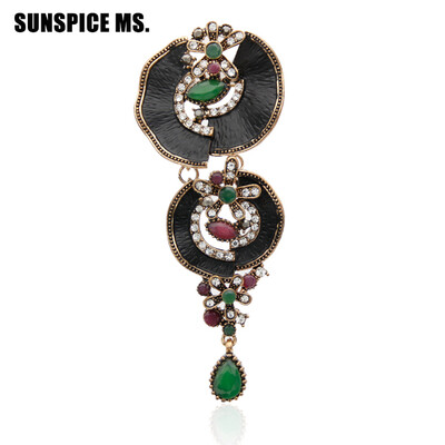 

Brand Design Turkish Women Long Drop Flower Vintage Brooch Pin Anique Gold Color Resin Black Paint Jewelry Ethnic Enamel Broches