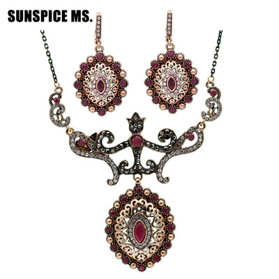 

Vintage Turkish Bride Flower Jewelry Sets Women Resin Hook Dangle Earrings Lace Necklace Oval Pendant Antique Gold Color Bijoux