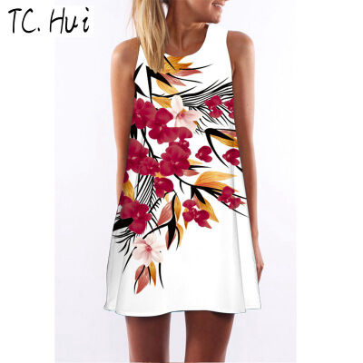 

2018 new trend fashion digital printing round neck strapless dress