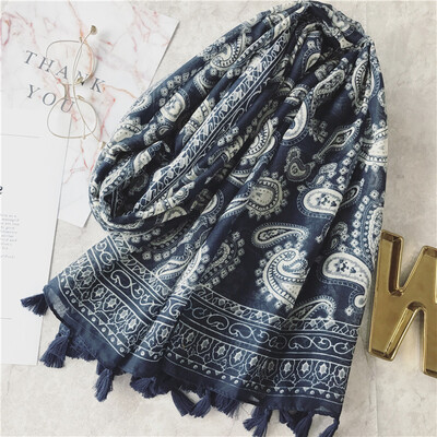 

Guttavalli Women Navy Flowers Кешью-кисточки Длинный шаль Vintage Chevron Print Шарф Мягкая весна Богемия Полосы Летние шарфы