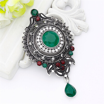 

Vintage Women Red Resin Round Water Drop Brooch Pin Women Antique Silver Color Flower Corsage Jewelry India Bride Hijab Badge
