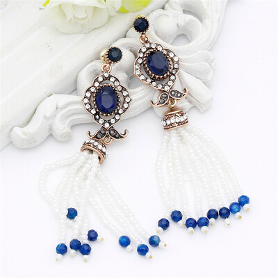 

Vintage Women Long Bead Dangle Rarring Antique Gold India Смола кисточки Серьги Турецкая свадебная принцесса Благородные банкетные