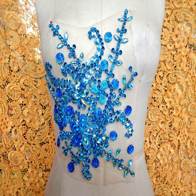 

Handmade sew on Rhinestones applique sky blue crystal patches with stones sequins beads 28x22cm