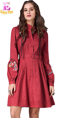 

M L High Quality chest 88 -92cm vintage cotton spring 2018 red striped dress women long sleeve a line embroidery belt elegant