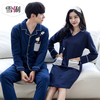 

Snowy spring cotton couple pajamas sexy V-neck women nightdress sports can wear mens long-sleeved cotton suit mens blue XXXL