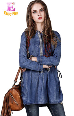 

L High Quality chest 94-98cm vintage cotton autumn 2017 blue long sleeve jeans blouse women denim shirt embroidery casual