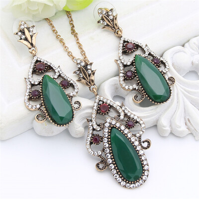 

Vintage Turkish Women Crystal Jewelry Sets Water Drop Long Earring Hollow Resin Necklace Antique Gold Color India Bridal Bijoux