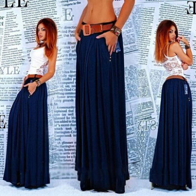 

Womens Ankle-Length Cotton Maxi Skirt with Pockets