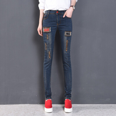 

Korean New Style Women Applique Embroidery Jeans Spandex Ripped Hole Skinny Jeans High waist blue
