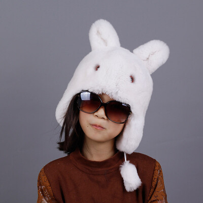 

New winter unisex children rex rabbit fur hat lovely Cartoon rabbit fur hat brim protective ear warm character earmuff hat caps