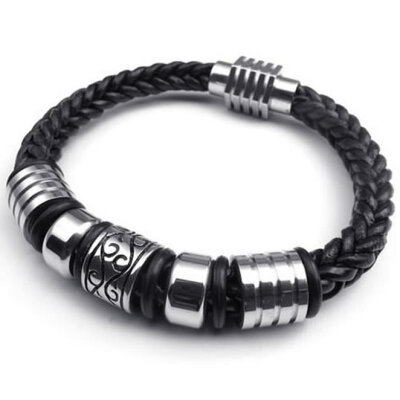 

Hpolw Black New Fashion Genuine LeatherStainless Steel Charms Clasp Biker Mens Spiral hand woven Bracelet