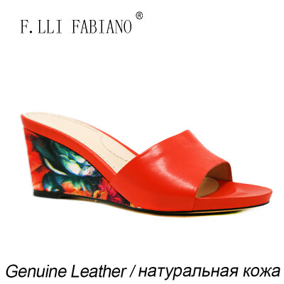 

FLLIFABIANO 2015 Womens Slippers Full Grain Leather Slipper with Printing Flowers on Wedges X2103 Grade Itaria Style Red Yello