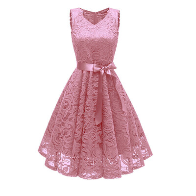 

Try Everything Summer Lace Dress Women Bow Bandage Elegant Short Party Dresses 2018 Sleeveless Pink V Neck Tunic Womens Dress