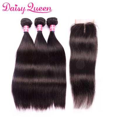 

3pcs Malaysian Straight Human Hair Bundles With Lace Closure Middle Part With Baby Hair Unprocessed 8A Malaysian Virgin Hair Weave