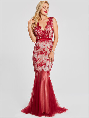

CAZDZY Womens Plunging Lace Mermaid Evening Dress