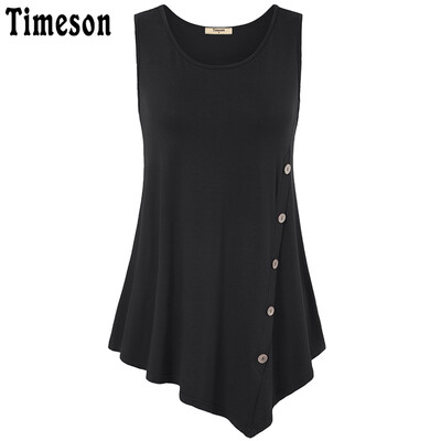 

Timeson Summer Sleeveless Irregular Hem Solid Blouses with Decorative Buttons O-Neck Casual Long Loose Tunic Female Knitted Tops