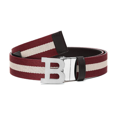 

BALLY Bally Mens Red Beige Striped Brown Fabric with Leather Button Buckle Double Belt Belt B BUCKLE 35 MT 56 115cm