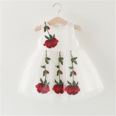 

70-100 Summer Girls Fashion embroidered Rose Dress Children Kids Sleeveless O-Neck Mini Dress