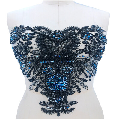 

Pure hand made black sew on Rhinestones applique on mesh crystals patches trimming 3737cm dress accessory
