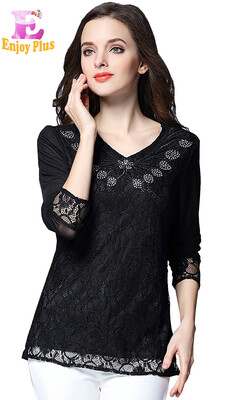 

L XL XXL 3XL 4XL 5XL plus size lace elegant new autumn 2017 black white blouse women lone sleeve big size tops beading lady tops