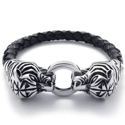 

Hpolw Mens Leather Bracelet Stainless Steel Tiger Head Clasp Black Silver 86 Inch