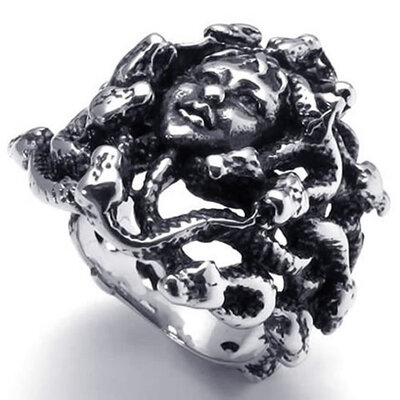 

Hpolw Greek MYTHOS Snake head Black&Silver Stainless Steel hollow Mens RingWidth26mm