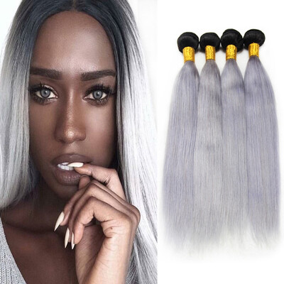 

Nami Hair 4 Bundles 1bGrey Ombre Brazilian Straight Human Hair Bundles two Tone Color 10"-22" T1B Silver Grey Human Hair Weave