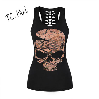

2018 Summer Women New Fashion Guns&Roses 3D Printing Tops Back Hollow Fitness Sports Vest Breathable slim T shirt