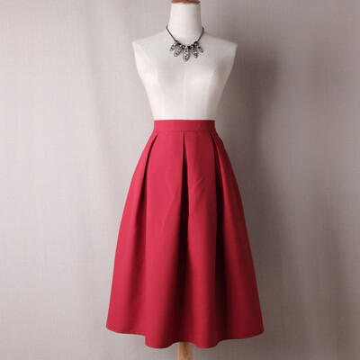 

BACHASH Women Pleated Skirts 2018 Spring Summer Vintage High Waist Knee Length Office Workwear Plus Size Solid Ball Gown Skirt
