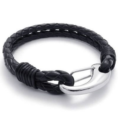 

Hpolw Black Leather Mens Bracelet Stainless Steel Clasp Black Silver - 8" 85" 9"