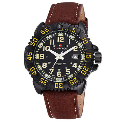 

NAVIFORCE 9041 Men Stainless Steel Face With Genuine Leather Strap Wristwatch Zigzag Edge Watches