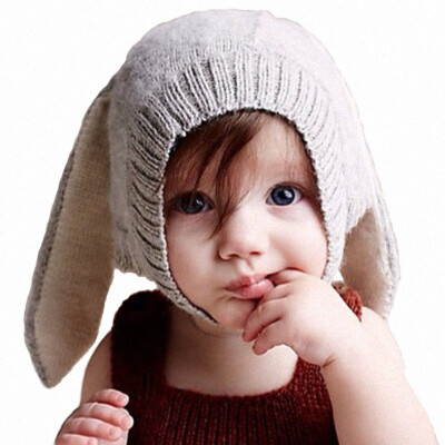 

Rabbit Ears Pattern Hat Gray Wool Knitted Cap Childrens Cartoon Photograph Decorated Daily Warm Winter Clothing Accessories