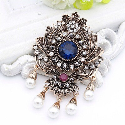 

Vintage Bohemia Flower Bead Brooch Pins Antique Gold Color Round Resin Dangle Brooches Broches Women Scarf Hijab Wedding Jewelry