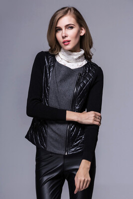 

Womens jacket sweater sleeve long cotton jacket patchwork woolen leather jacket matching brief paragraph Bertha parkas two colors