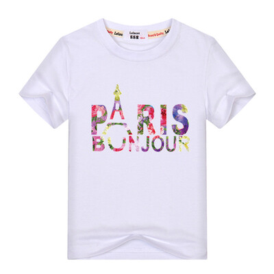 

Цветок PARIS Летние девушки белые 100% Хлопок tshirt tops Короткие рукава O-образным вырезом Письмо Печатная Повседневная футболка