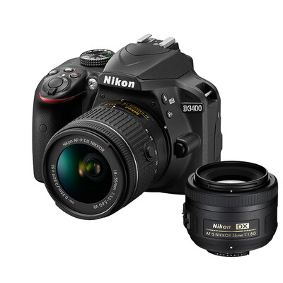 

Nikon D3400 Start SLR Camera AF-P DX 18-55mm f35-56G VR AF-S DX NIKKOR 35mm f18G Black