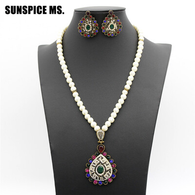 

Full Crystal Turkish Women Bead Jewelry Sets Antique Gold Color Byzantine Wedding Style Pendant Necklace Ethnic Stud Earrings