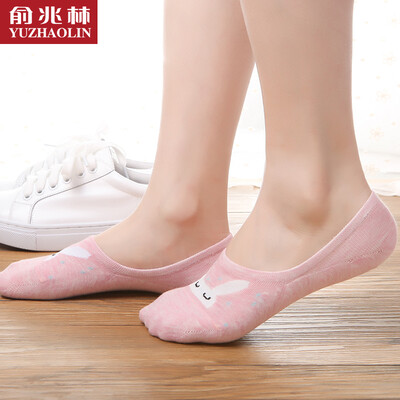 

Yu Zhaolin 5 pairs of invisible socks ladies cotton cartoon spring&summer thin boat socks ladies cute cat color mixing 5 double code
