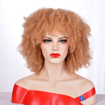 

QianBaiHui Short Kinky Curly Wigs for African American Women Blonde Heat Resistant Synthetic Hair Wigs with Bangs