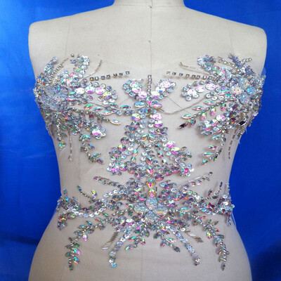 

Handmade clear AB colour crystal patches sew on trim Rhinestones applique with stones sequins beads 3434cm for dress