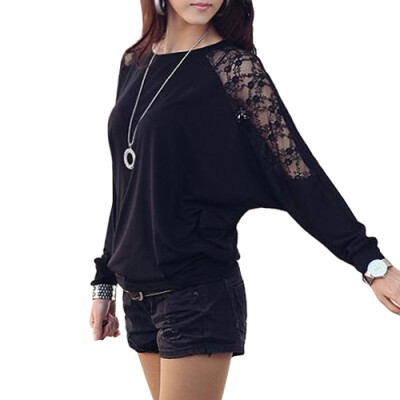 

CT&HF Women Casual Bat Sleeves Cotton&Lace Splicing T-Shirt