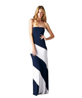 

Women Striped Maxi Dress Strapless Black White Jersey Long Color Block